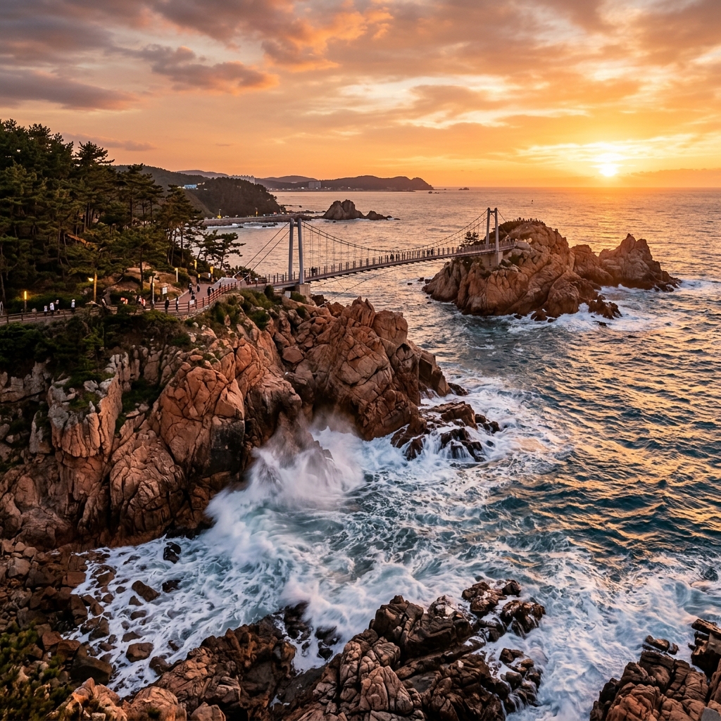 Daewangam Park suspension bridge and rocky coastline