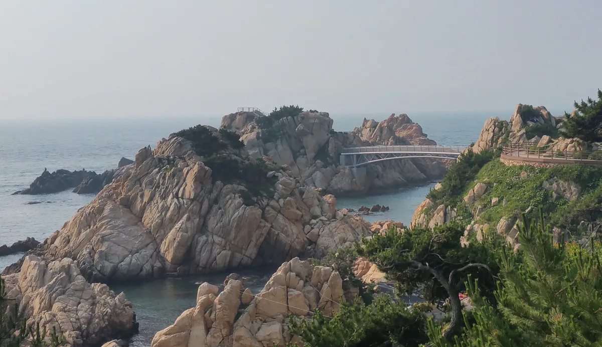 Daewangam Park suspension bridge and rocky coastline