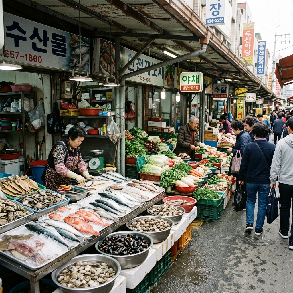 Ulsan market stalls – fresh seafood and vegetables